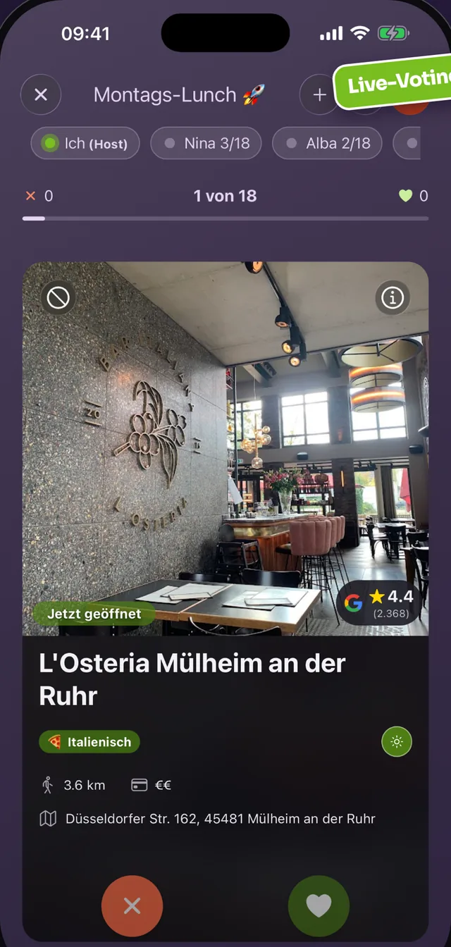App wrappr: sesión de grupo con votación en vivo al hacer swipe de restaurantes