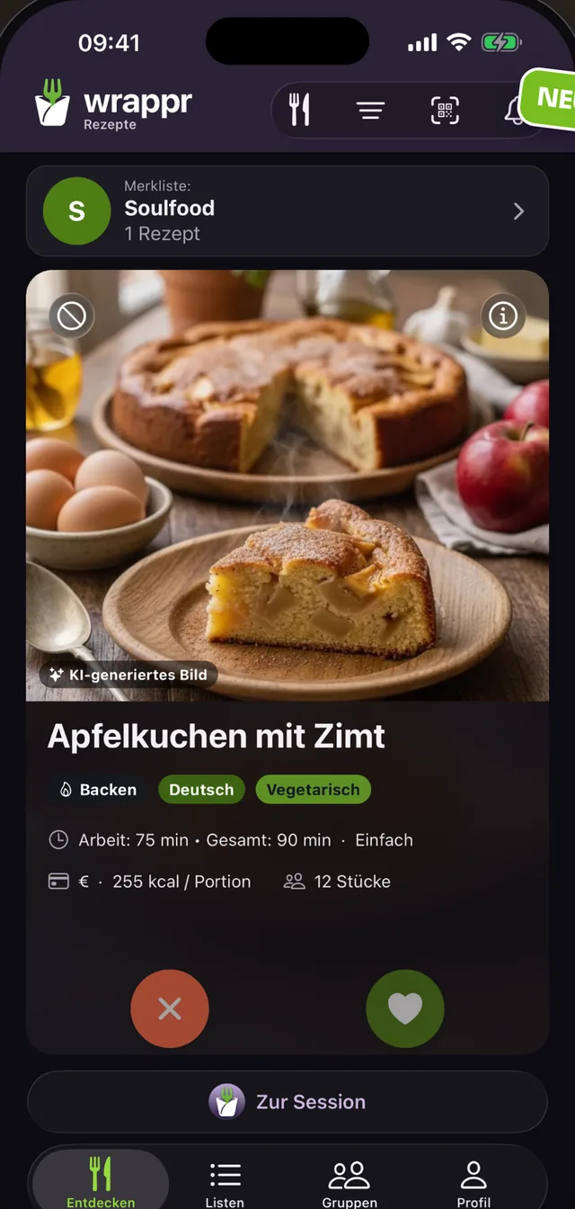 App wrappr: swipe de recetas, aquí una tarta de manzana y canela
